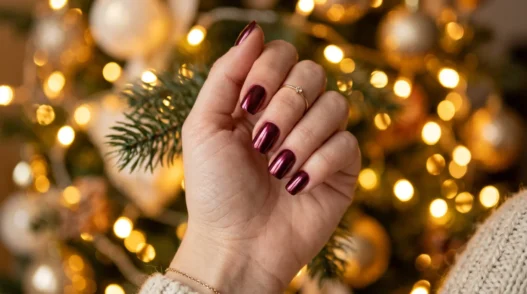 Close-up of burgundy chrome finished nails against warm golden fairy light bokeh background