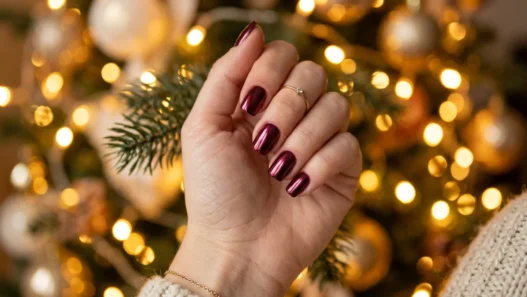 Close-up of burgundy chrome finished nails against warm golden fairy light bokeh background