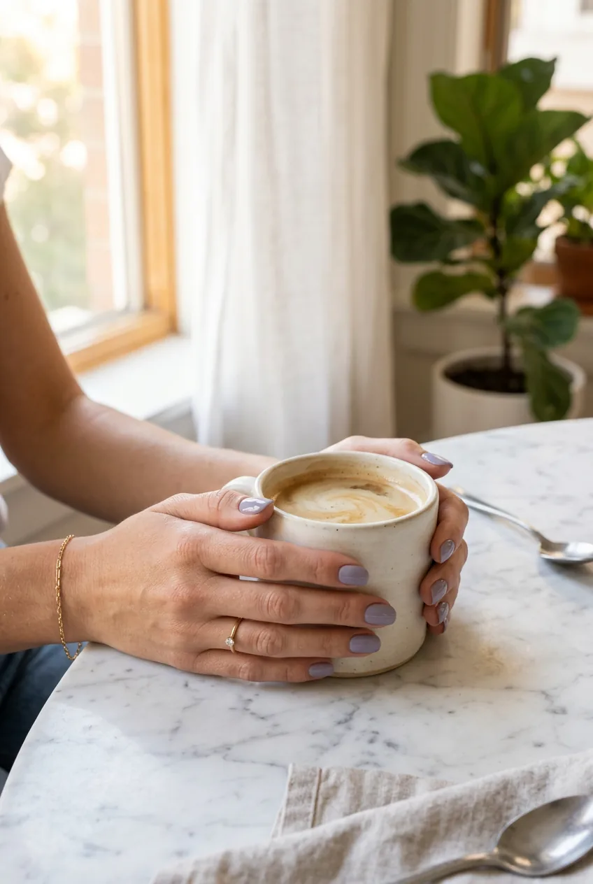Close-up of hands with lavender-gray gel nails holding coffee cup on marble surface in morning light