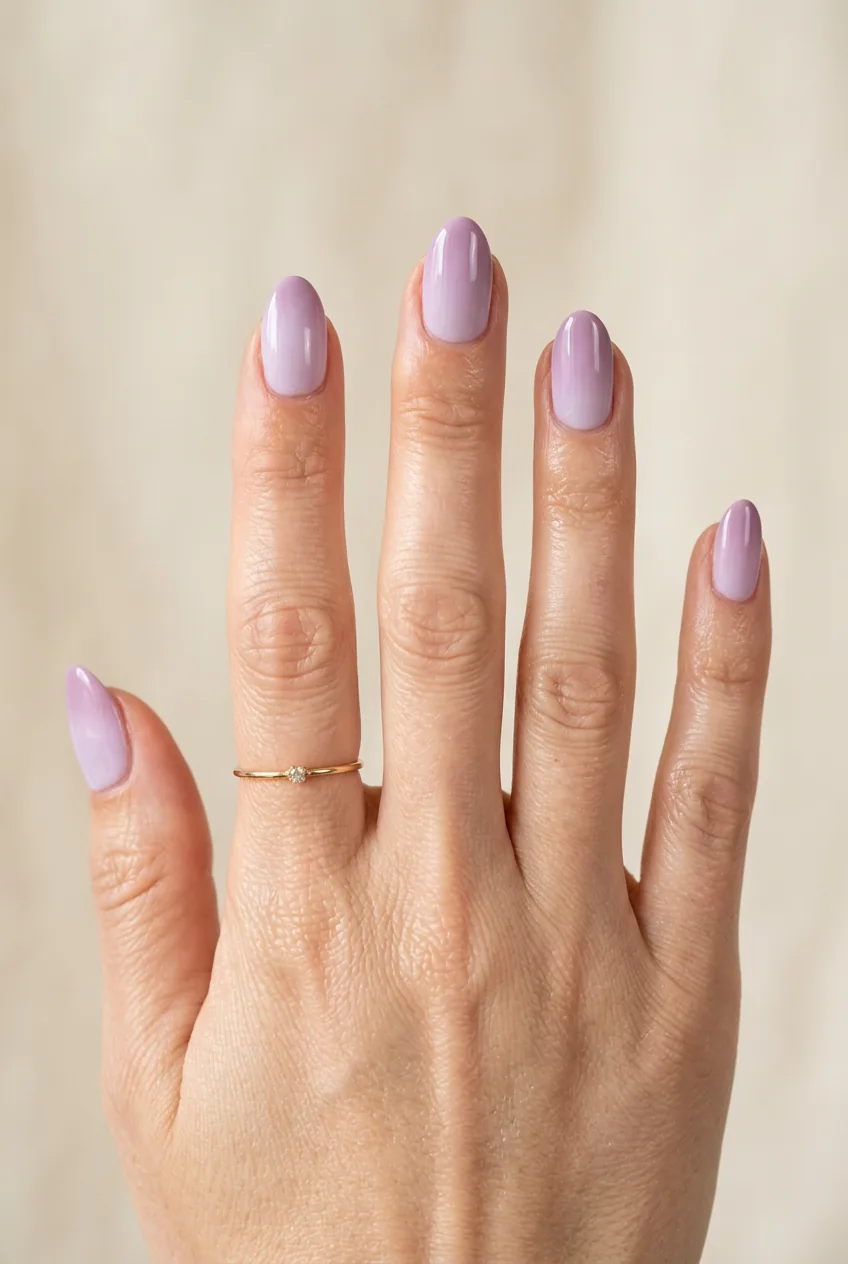 Almond-shaped nails with lavender gradient effect fading from dark to light tips