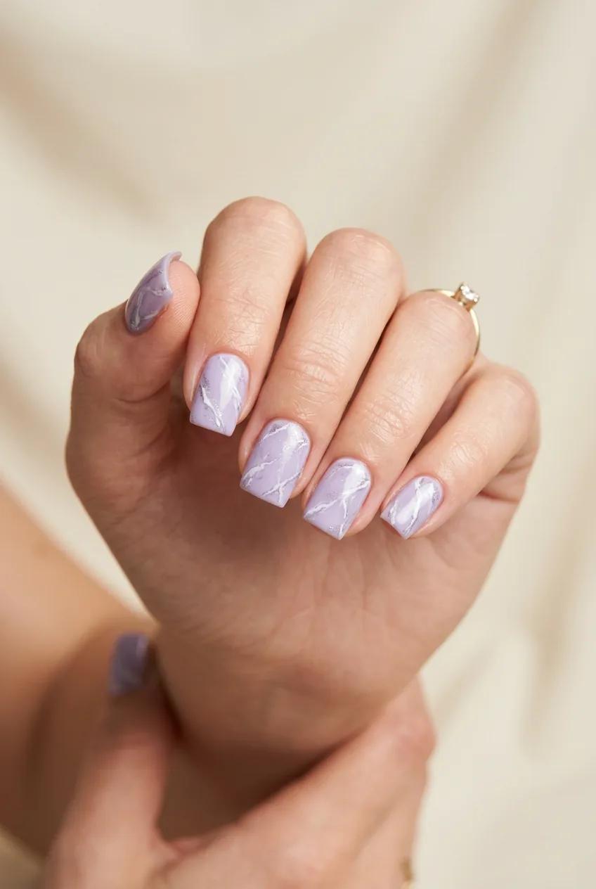Soft lavender square nails featuring white and silver marble veining effect