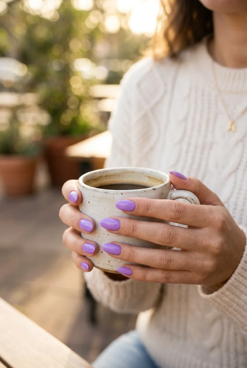 Woman's hand holding white coffee cup displaying bright lavender purple manicure
