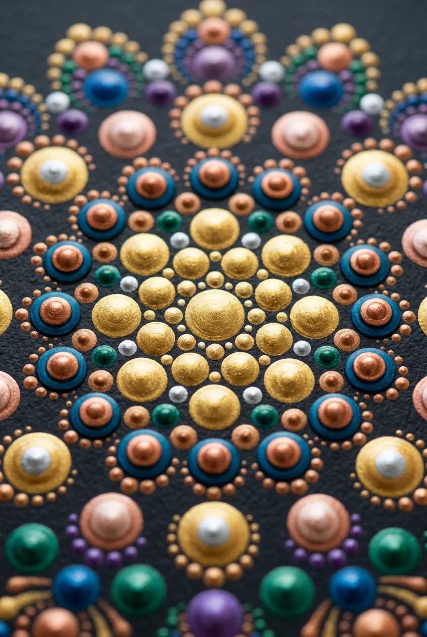 Advanced layered dotting showing metallic dots over dark base creating dimensional effect