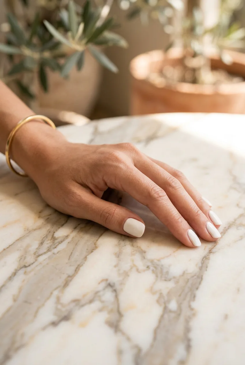 Side view of hand with linen white polish against smooth marble surface in soft natural lighting