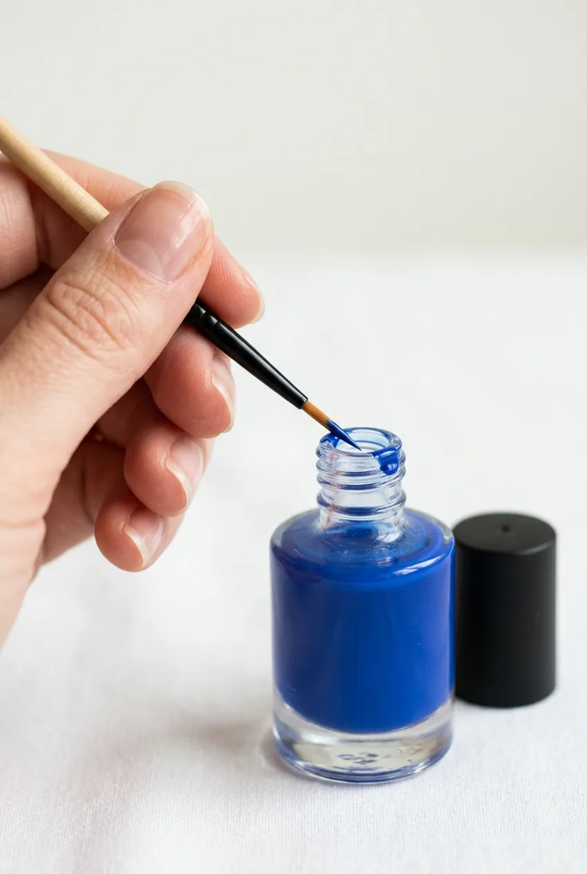 Thin liner brush being loaded with nail polish at bottle neck showing proper technique