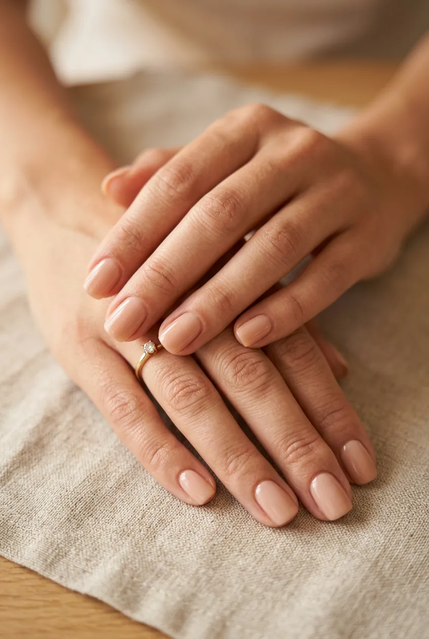 Woman's hands showing perfectly matched nude manicure against natural skin tone in warm light