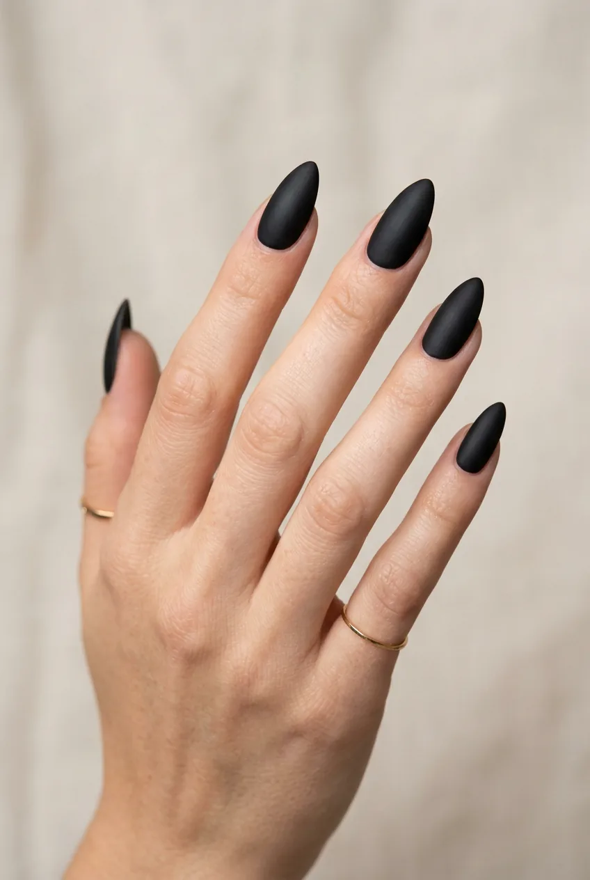 Woman's hand displaying dramatic matte black almond nails with pointed tips