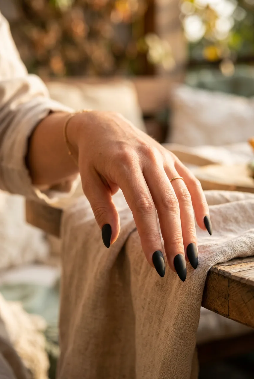 Woman's hand with stiletto shaped matte black nails positioned gracefully