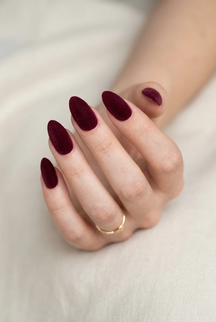 Woman's hand with matte burgundy almond-shaped nails in velvet finish against neutral background