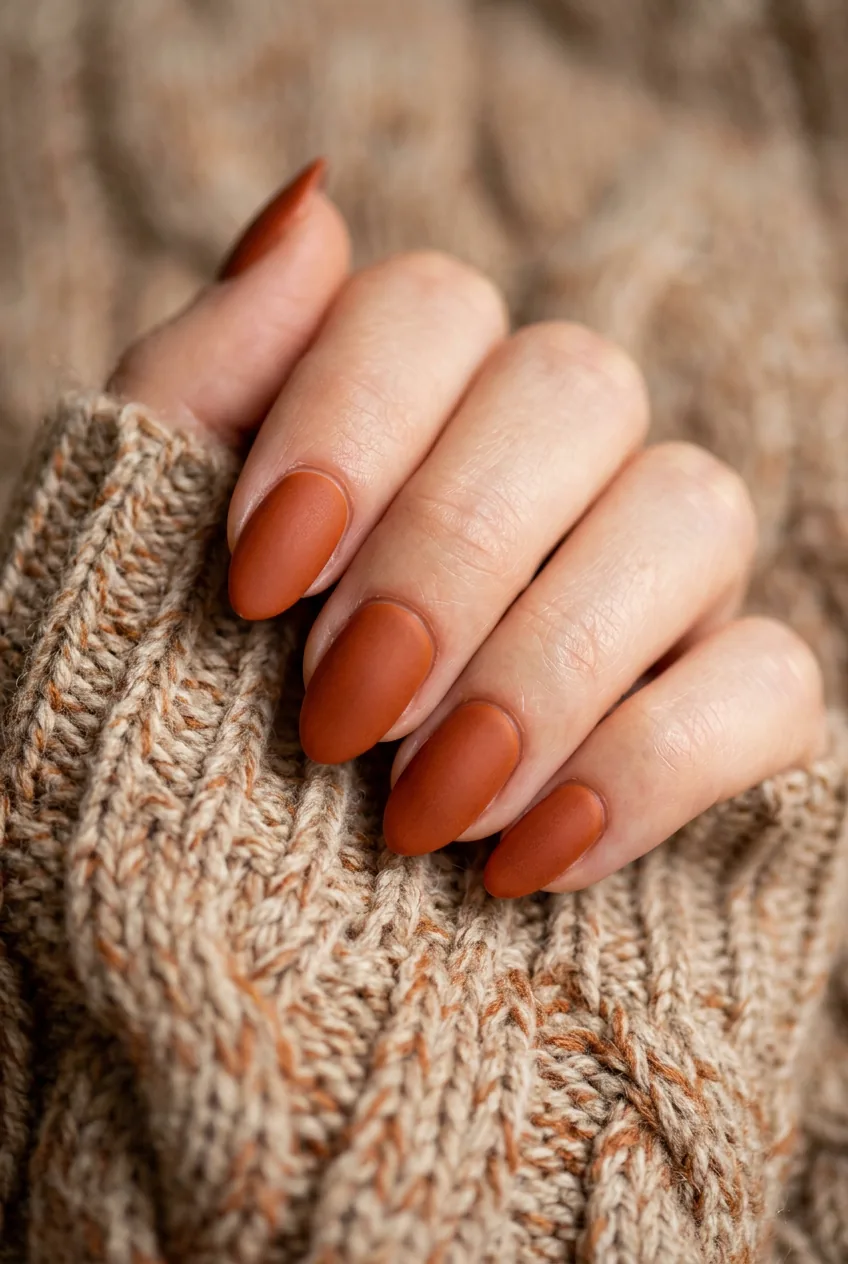 Matte burnt orange nails photographed against textured fall sweater fabric in warm lighting