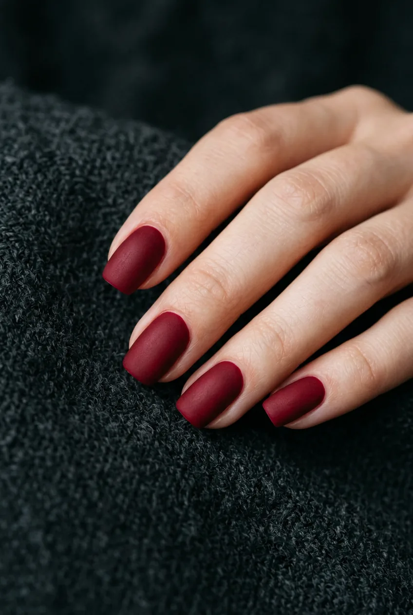Matte cherry red nails with velvety finish against dark textured background
