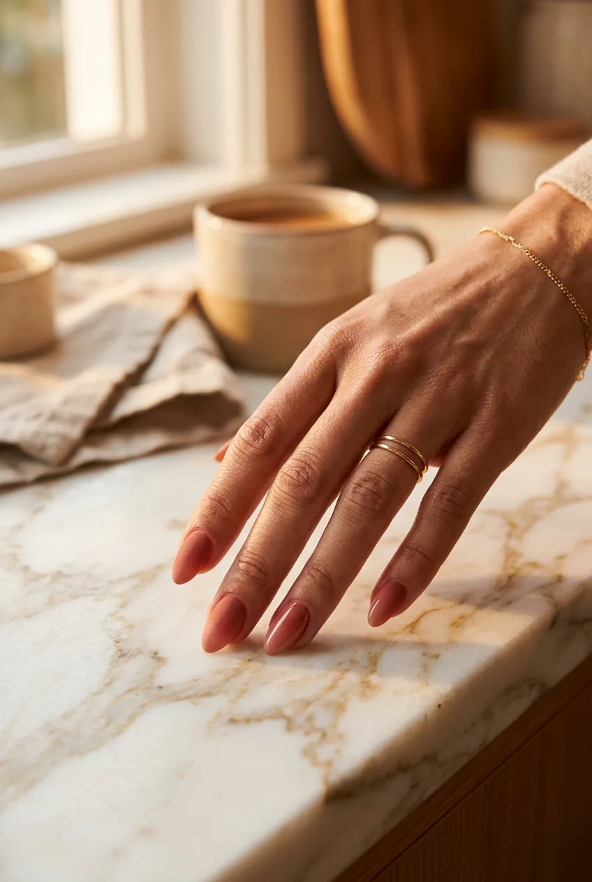 Woman's hand showing matte to glossy gradient nail transition positioned near marble countertop