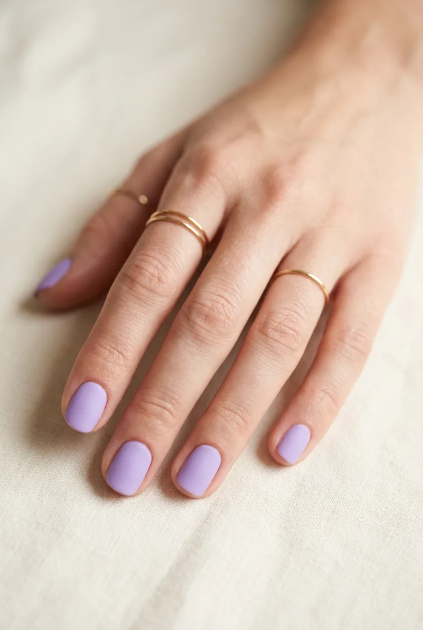 Woman's fingers displaying matte lavender purple manicure with soft finish on short natural nails