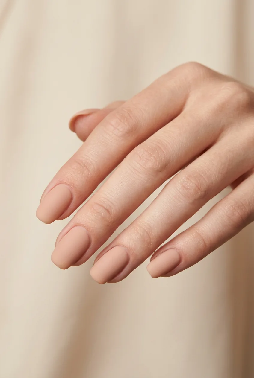 Woman's hand with matte nude nails in custom beige shade with velvety texture