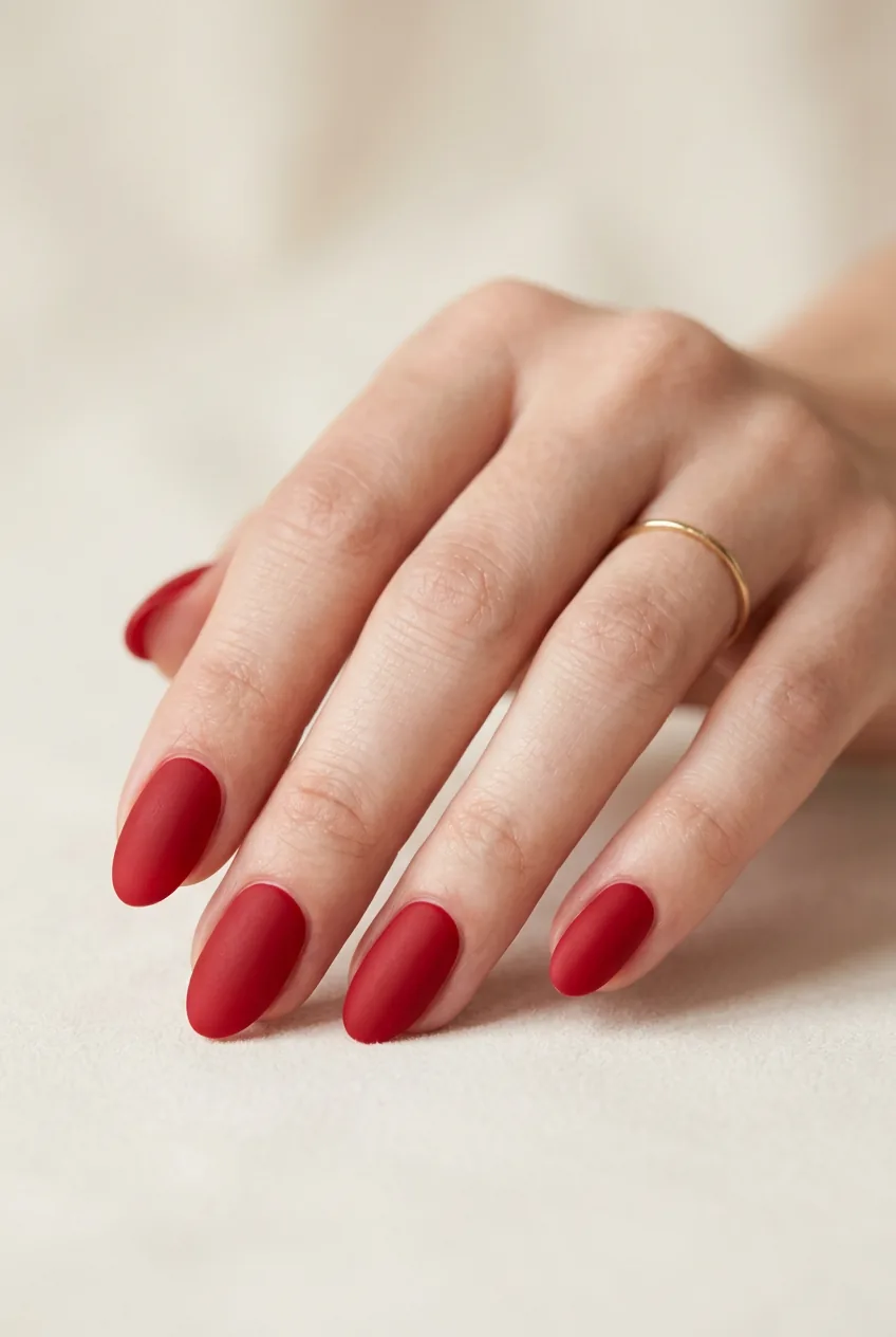 Woman's hand with classic true red nails in sophisticated matte finish