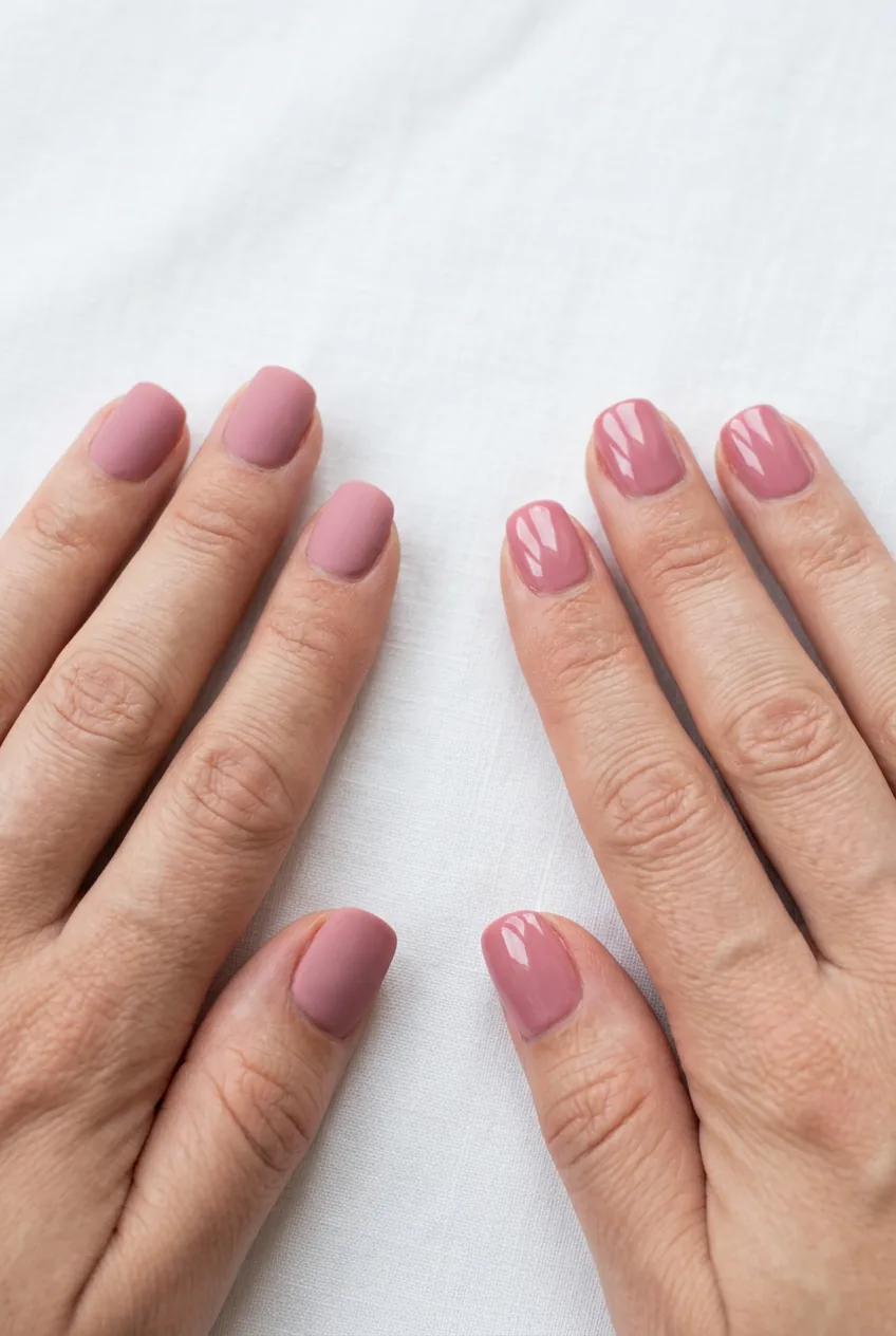 Side-by-side nail comparison showing matte finish on left and high gloss finish on right demonstrating texture difference