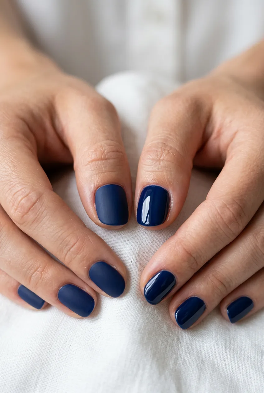 Two identical navy nail shades showing matte versus glossy finish contrast side by side