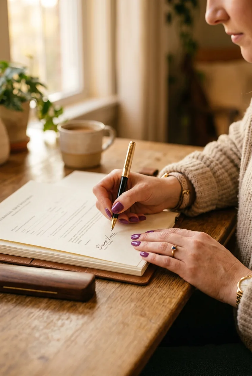 Woman's hands signing document with medium-length purple manicured nails