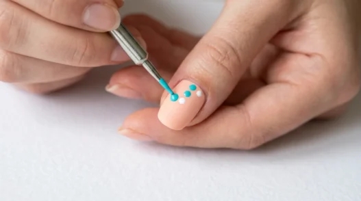 Metal dotting tool creating precise dot on pastel nail with existing pattern visible