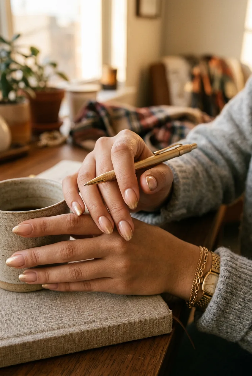 Woman's hand in daily activity showing metallic gold gradient french tips with soft color fade