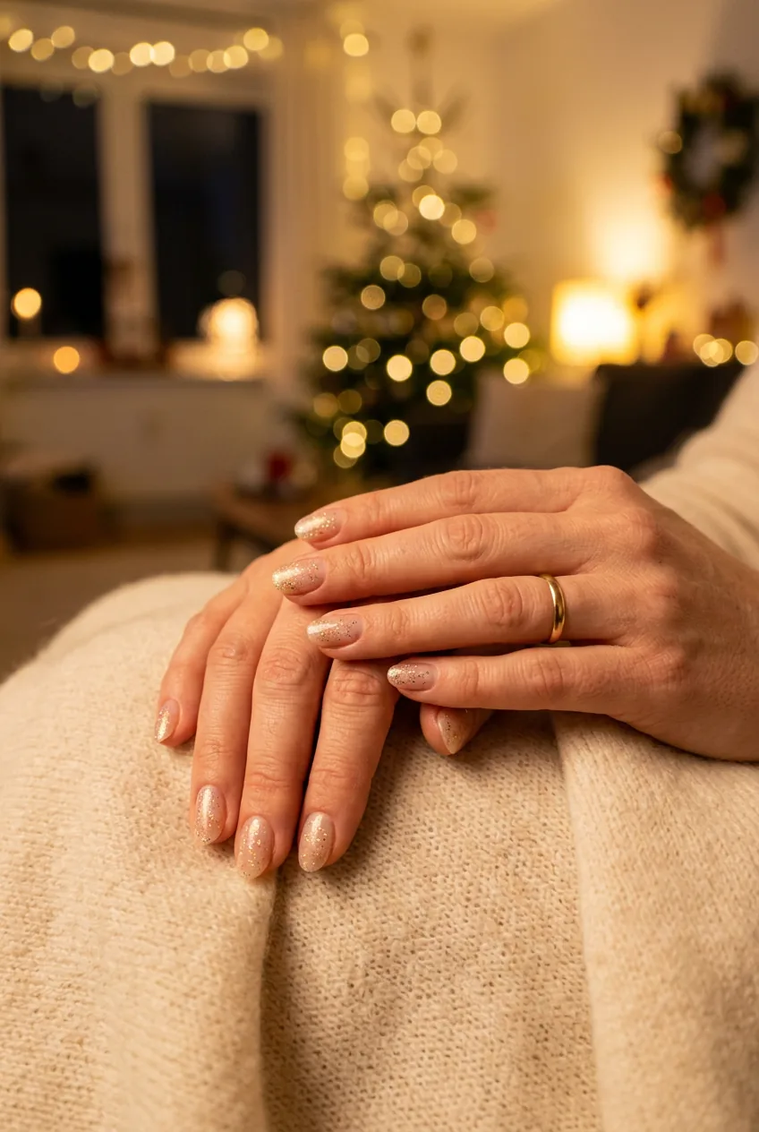 Hands with subtle micro-glitter manicure catching golden light against soft cashmere fabric