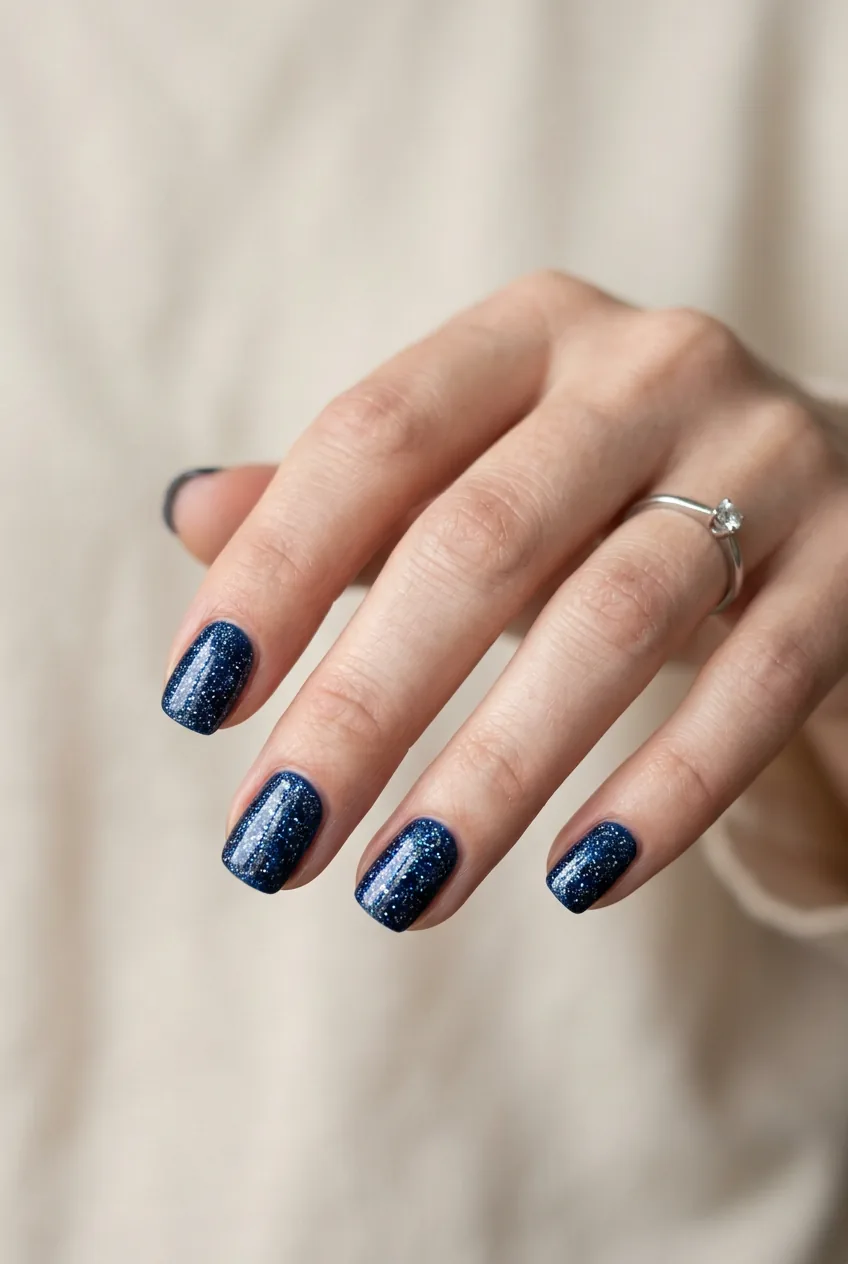 Woman's hand displaying midnight blue nail polish with scattered silver glitter