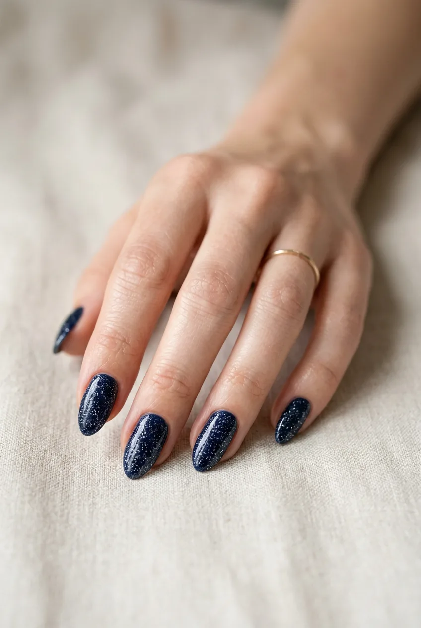 Woman's hand with midnight navy manicure featuring fine silver microglitter stardust pattern