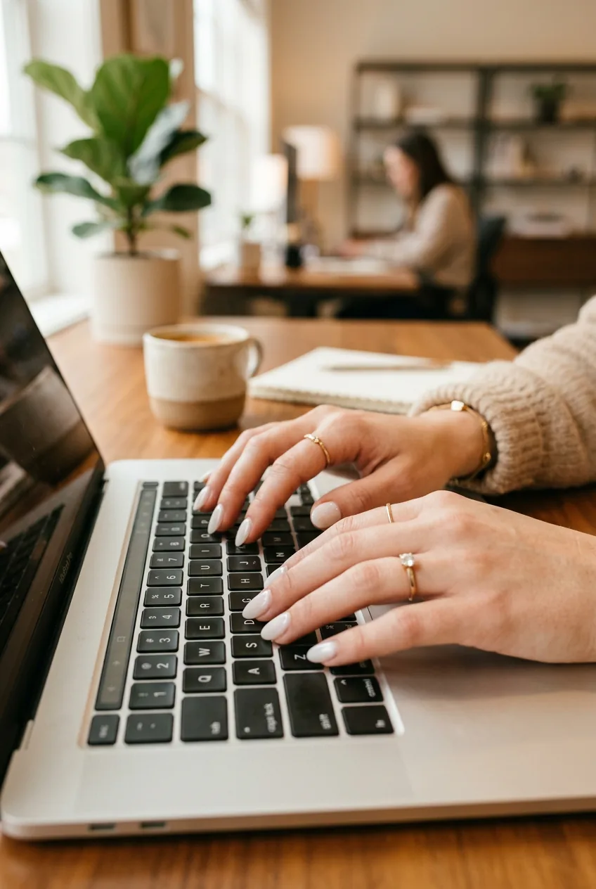 Close-up of hands typing showing milky white professional manicure in office setting