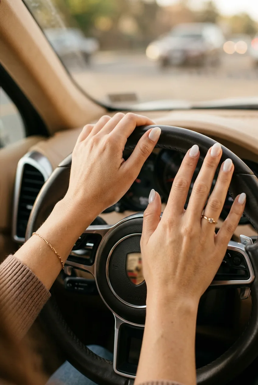 Hands on steering wheel displaying cloudy white manicure in car interior lighting