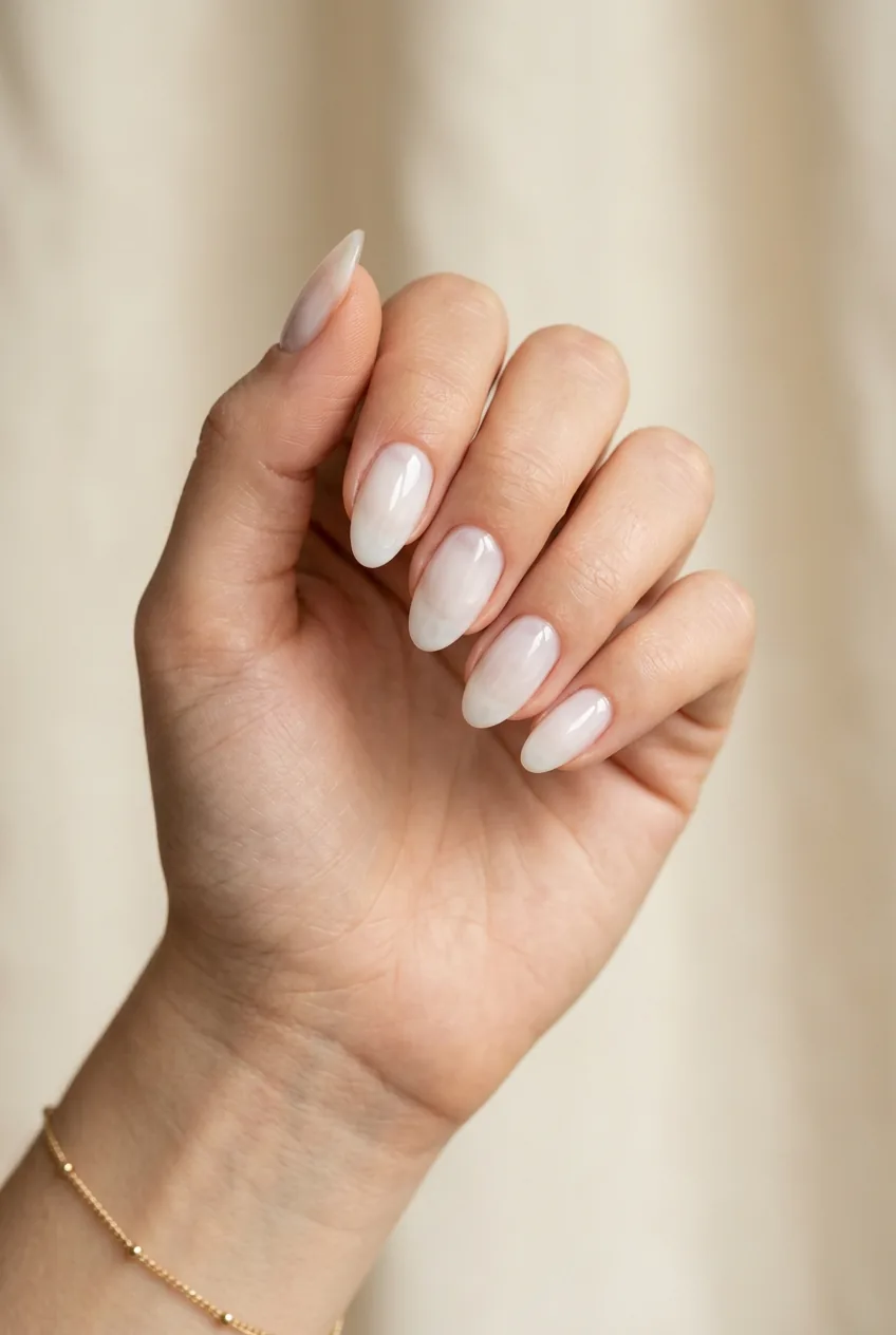 Woman's hand showing milky sheer translucent white nails with cloudy glass-like finish