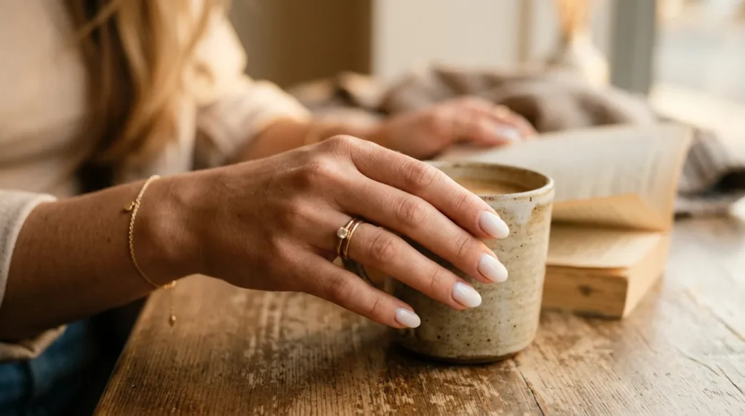 Woman's hand with milky white translucent manicure in soft golden hour lighting