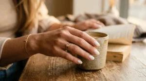 Woman's hand with milky white translucent manicure in soft golden hour lighting