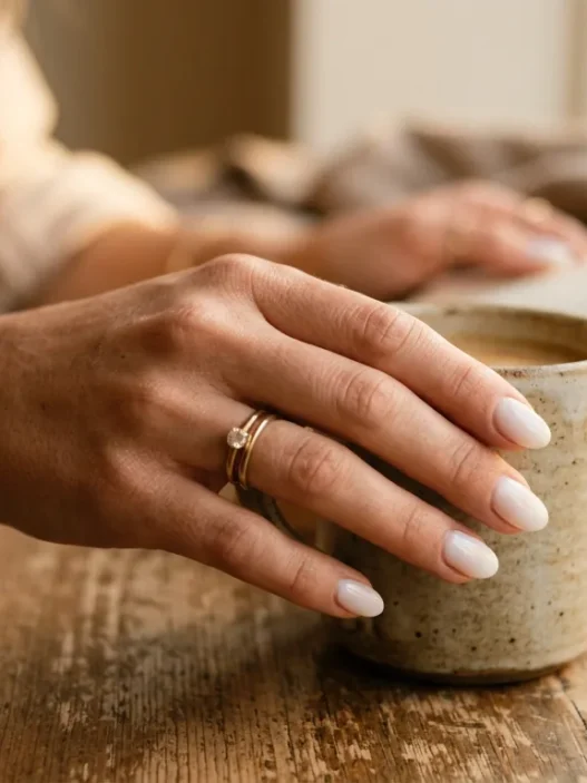 Woman's hand with milky white translucent manicure in soft golden hour lighting