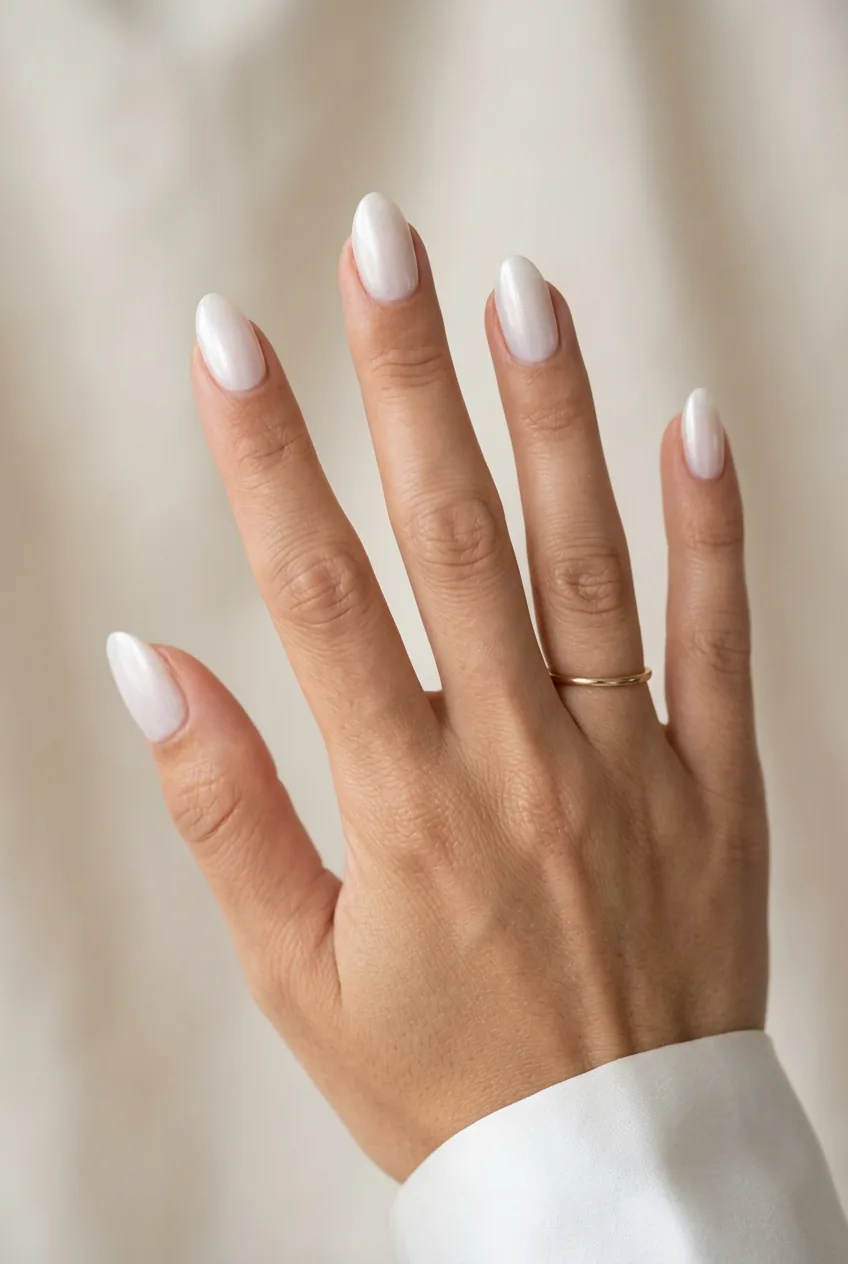 Woman's hand showing milky white nails with subtle pearl dust shimmer finish