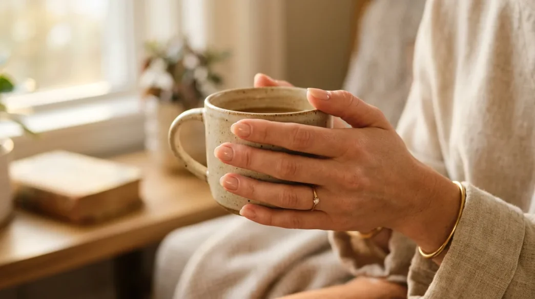 Woman's hand with minimalist nude manicure in natural golden hour lighting