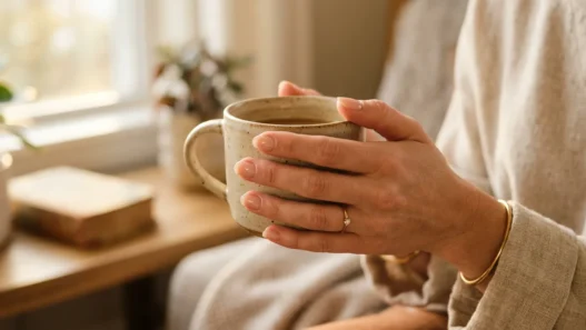 Woman's hand with minimalist nude manicure in natural golden hour lighting