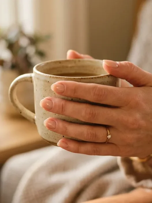 Woman's hand with minimalist nude manicure in natural golden hour lighting