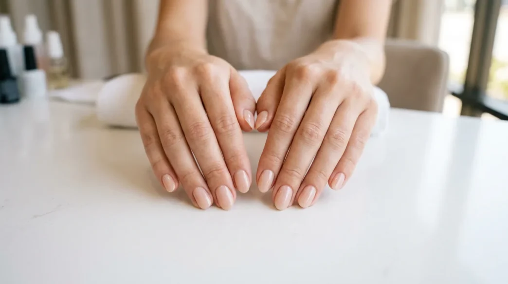 Woman's hands displaying minimalist nude manicure with sheer polish on all ten nails