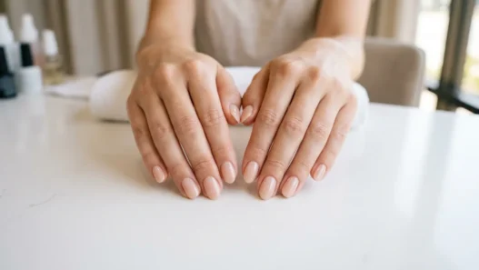 Woman's hands displaying minimalist nude manicure with sheer polish on all ten nails