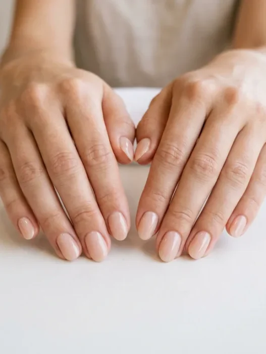 Woman's hands displaying minimalist nude manicure with sheer polish on all ten nails