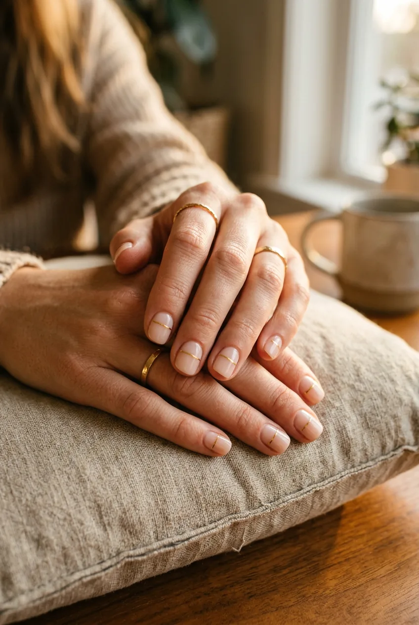 Woman's hands with short nails featuring minimalist nail art with thin metallic accent line