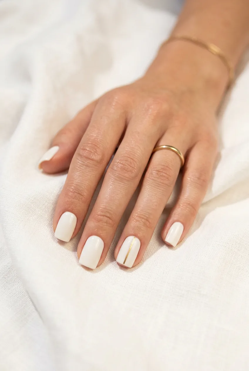 Square nails with minimalist stripe nail art against white linen fabric