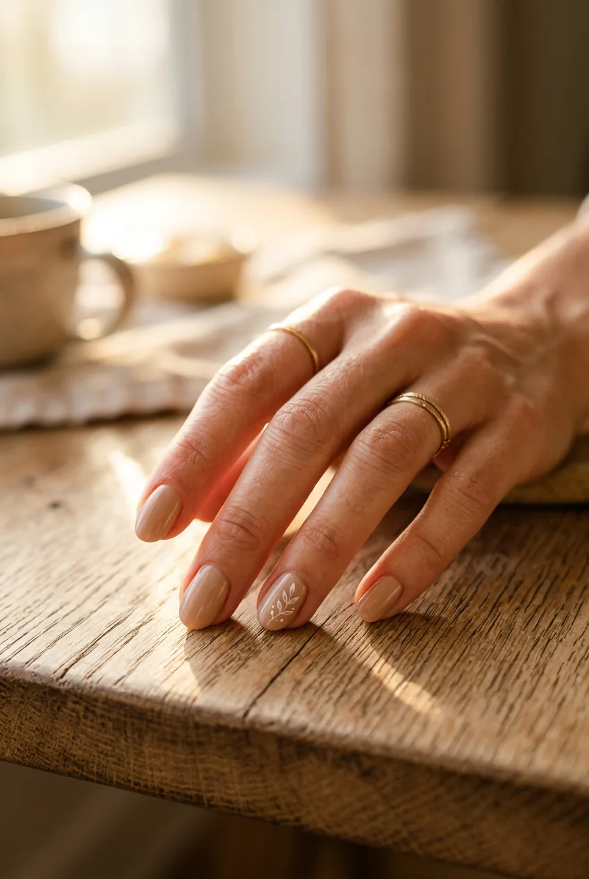 Woman's hand displaying nude minimalist nail design touching natural wood surface
