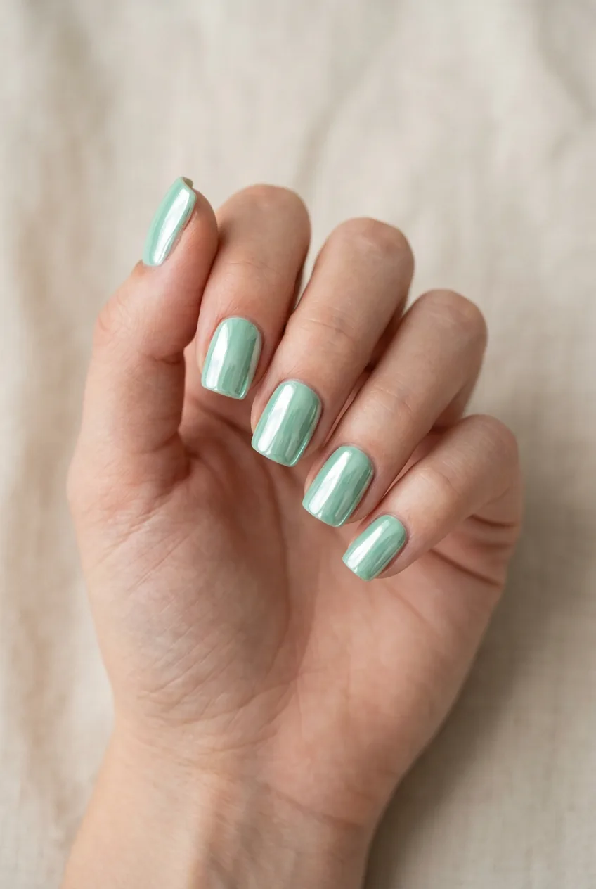 Mint green square nails with reflective chrome mirror finish catching studio lights
