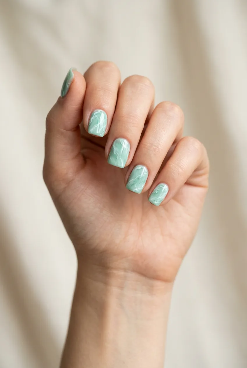 Woman's hand displaying mint green marble nail art effect with white swirls on short natural nails