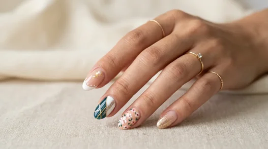 Woman's hand showing multiple nail art designs from subtle French tips to bold chrome effects