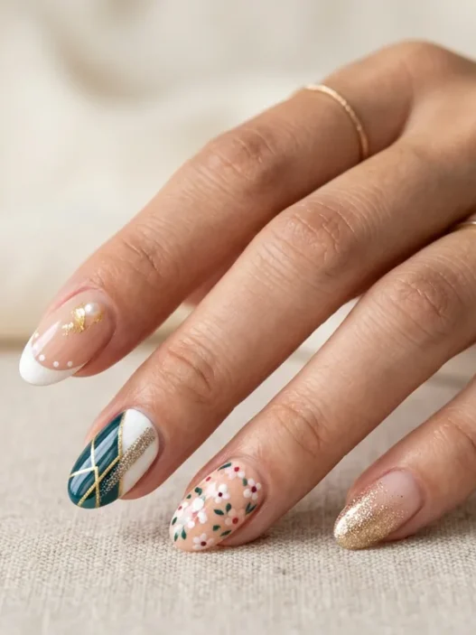 Woman's hand showing multiple nail art designs from subtle French tips to bold chrome effects