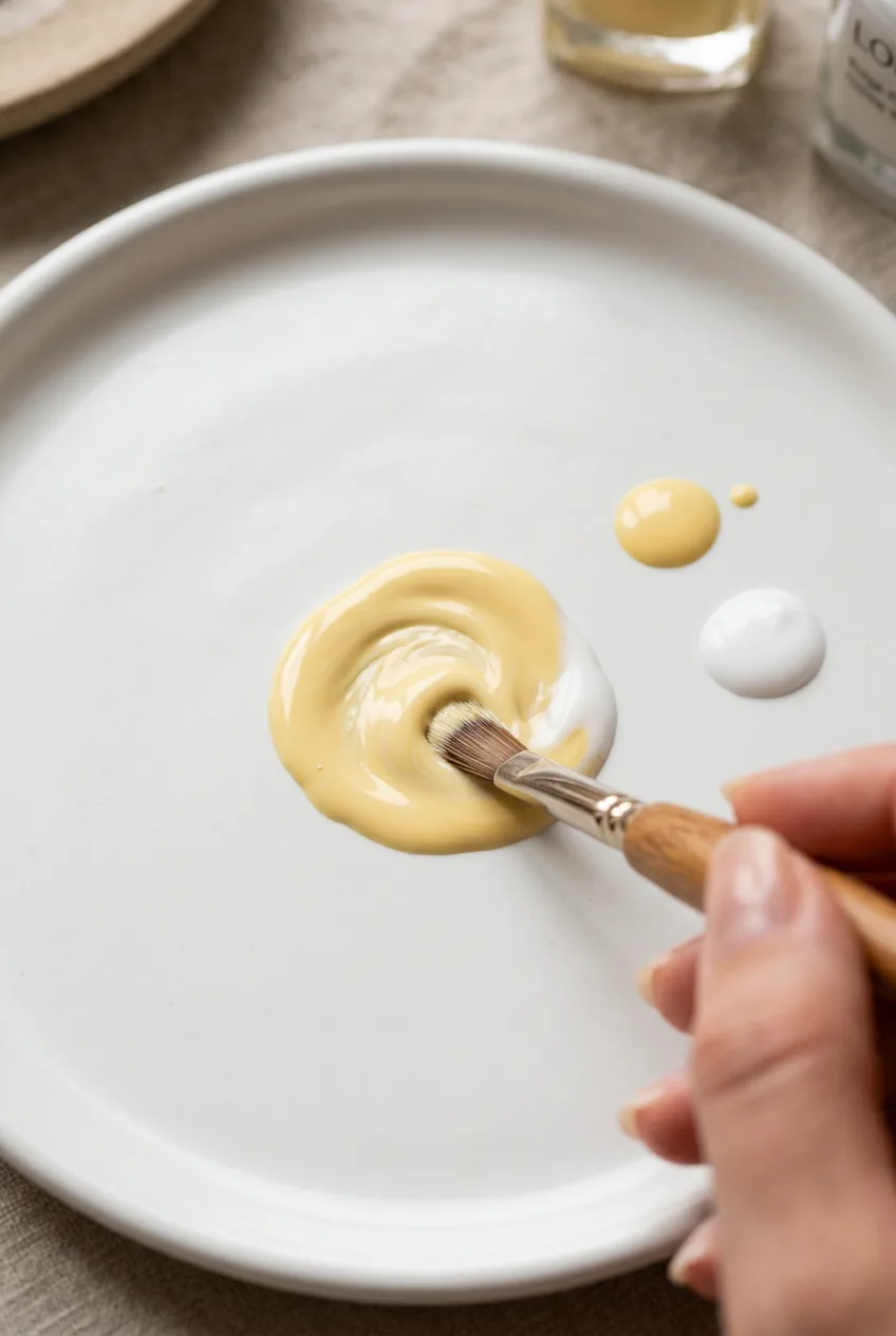 Small brush mixing butter yellow polish with ridge-filling base coat creating creamy mixture on white palette