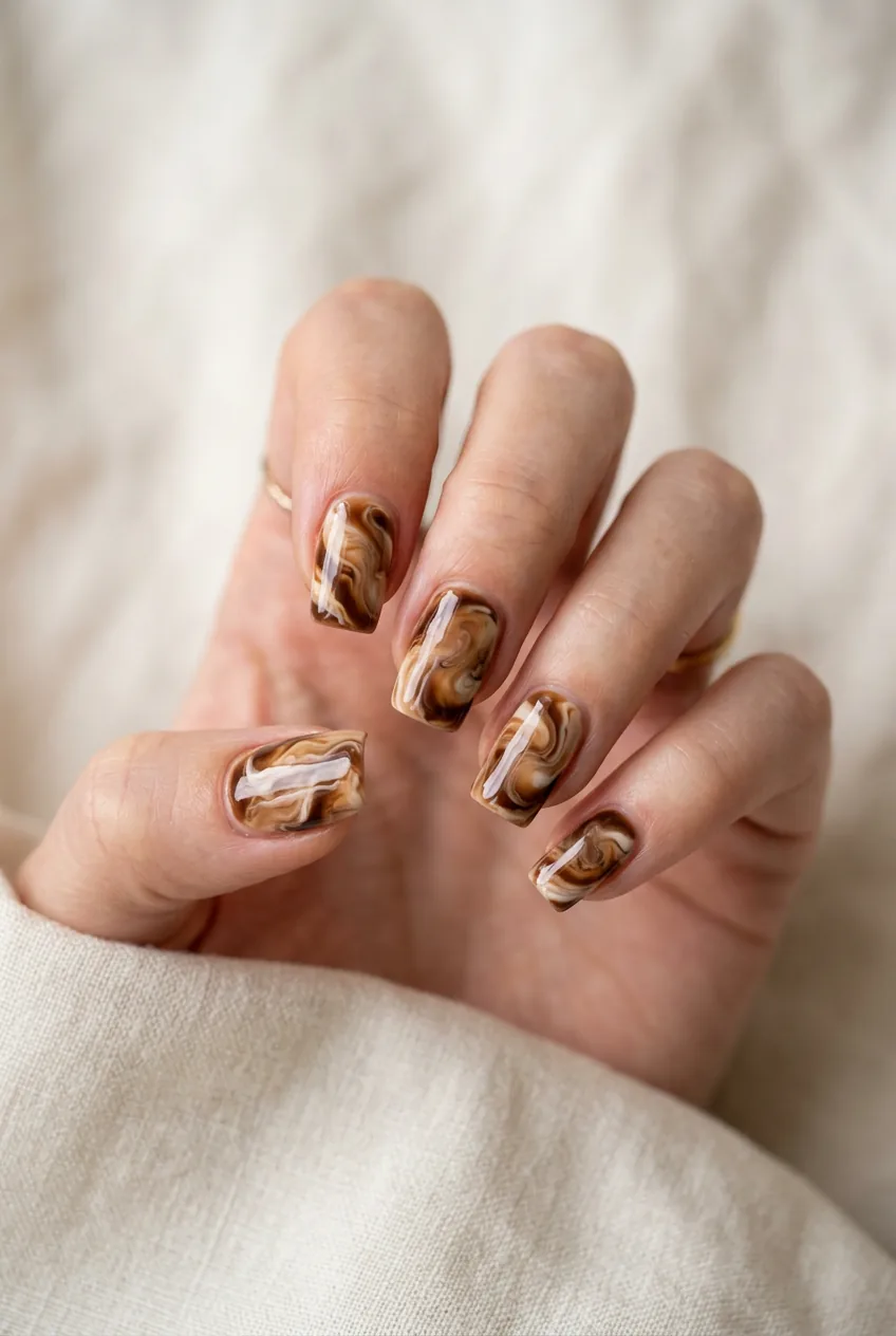 Square-shaped nails featuring mocha marble design with coffee and cream swirl patterns