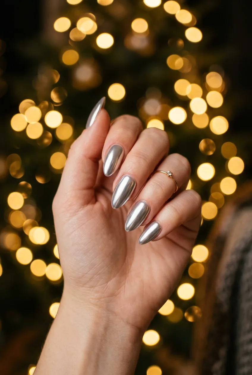 Modern chrome mirror finish nails in sophisticated almond shape with minimalist winter aesthetic
